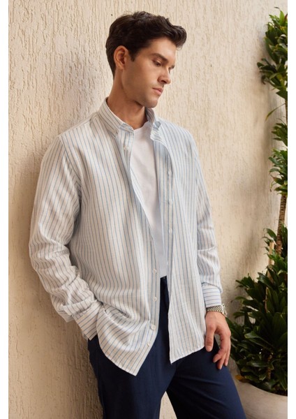 Onan Erkek Klasik Gömlek Modern Slim Fit Keten Görünümlü Ince Çizgili Desen modelleri