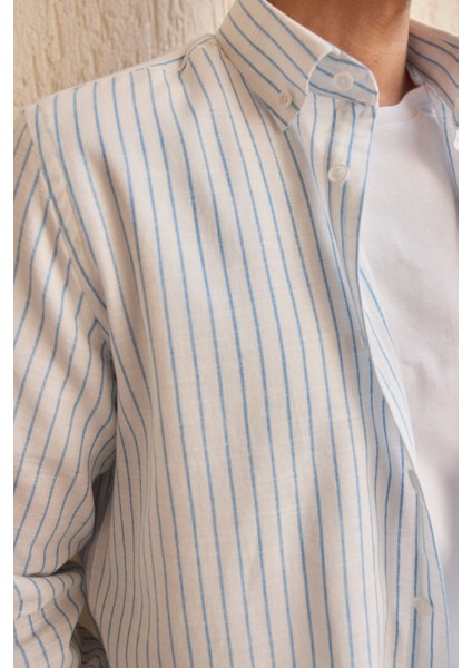 Onan Erkek Klasik Gömlek Modern Slim Fit Keten Görünümlü Ince Çizgili Desen fırsatları