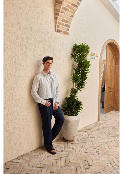 Onan Erkek Klasik Gömlek Modern Slim Fit Keten Görünümlü Ince Çizgili Desen indirimleri