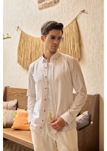 Onan Erkek Klasik Gömlek Modern Slim Fit Keten Görünümlü Ince Çizgili Desen indirimleri