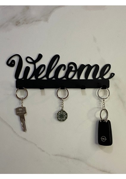 Metal Welcome Yazılı Şık Anahtarlık Dekoratif Anahtar Askısı 5 Kancalı
