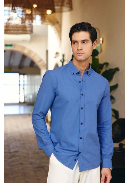 Turi Erkek Pamuk Gömlek Modern Slim Fit Keten Görünümlü Uzun Kol
