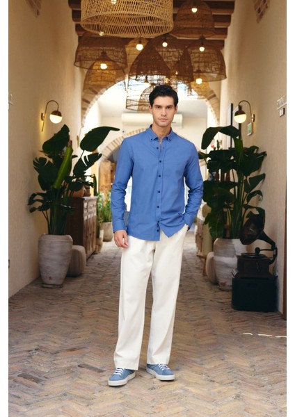 Turi Erkek Pamuk Gömlek Modern Slim Fit Keten Görünümlü Uzun Kol fiyatları