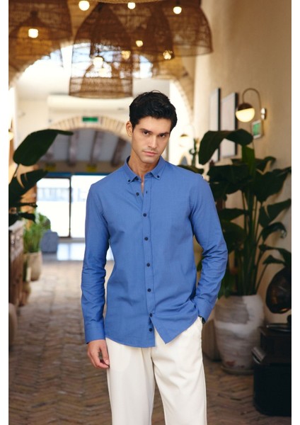 Turi Erkek Pamuk Gömlek Modern Slim Fit Keten Görünümlü Uzun Kol modelleri