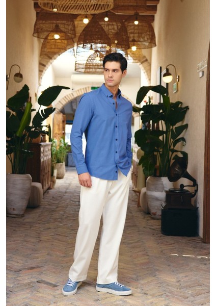 Turi Erkek Pamuk Gömlek Modern Slim Fit Keten Görünümlü Uzun Kol fırsatları