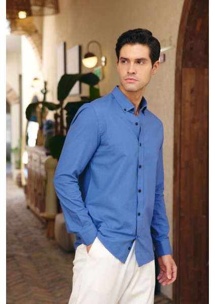 Turi Erkek Pamuk Gömlek Modern Slim Fit Keten Görünümlü Uzun Kol indirimleri