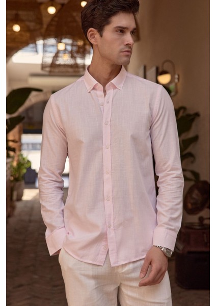Turi Erkek Pamuk Gömlek Modern Slim Fit Keten Görünümlü Uzun Kol