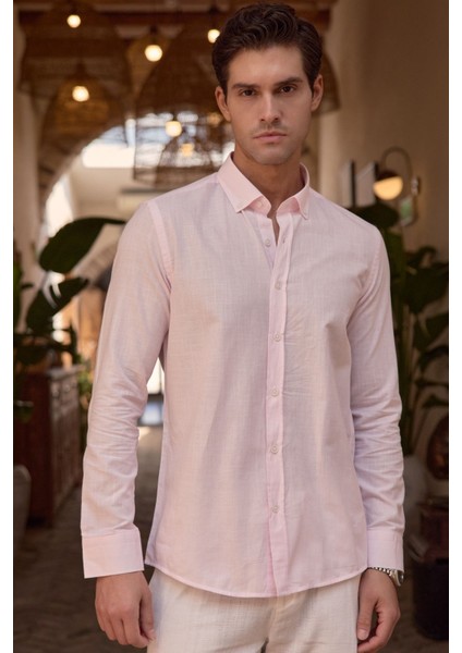 Turi Erkek Pamuk Gömlek Modern Slim Fit Keten Görünümlü Uzun Kol modelleri