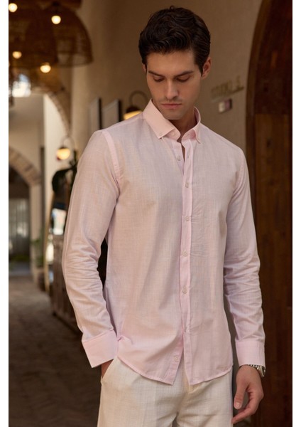 Turi Erkek Pamuk Gömlek Modern Slim Fit Keten Görünümlü Uzun Kol fırsatları