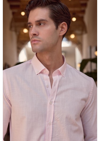 Turi Erkek Pamuk Gömlek Modern Slim Fit Keten Görünümlü Uzun Kol indirimleri