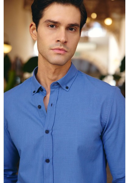 Turi Erkek Pamuk Gömlek Modern Slim Fit Keten Görünümlü Uzun Kol