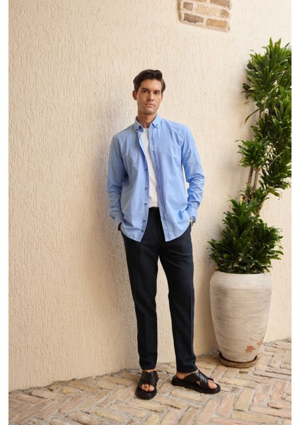 Turi Erkek Pamuk Gömlek Modern Slim Fit Keten Görünümlü Uzun Kol modelleri