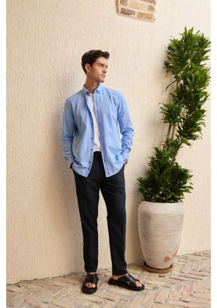 Turi Erkek Pamuk Gömlek Modern Slim Fit Keten Görünümlü Uzun Kol fırsatları