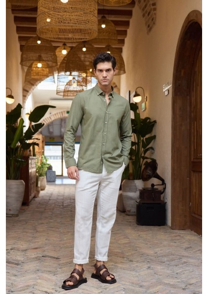 Turi Erkek Pamuk Gömlek Modern Slim Fit Keten Görünümlü Uzun Kol fiyatları