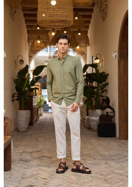 Turi Erkek Pamuk Gömlek Modern Slim Fit Keten Görünümlü Uzun Kol modelleri