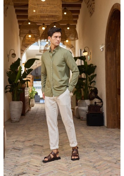 Turi Erkek Pamuk Gömlek Modern Slim Fit Keten Görünümlü Uzun Kol fırsatları