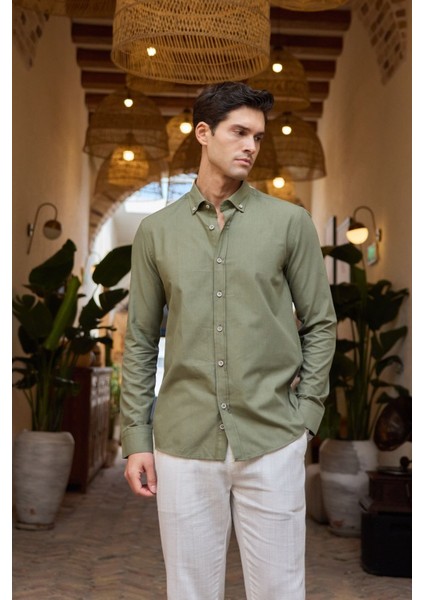 Turi Erkek Pamuk Gömlek Modern Slim Fit Keten Görünümlü Uzun Kol indirimleri