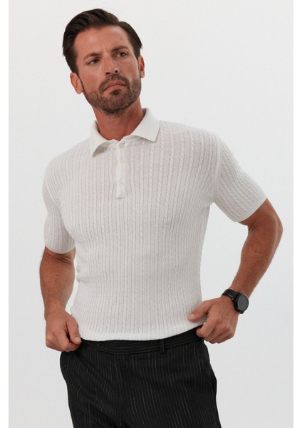 Erkek Polo Yaka Örgü Desenli Kısa Kollu Yazlık Triko Tişört