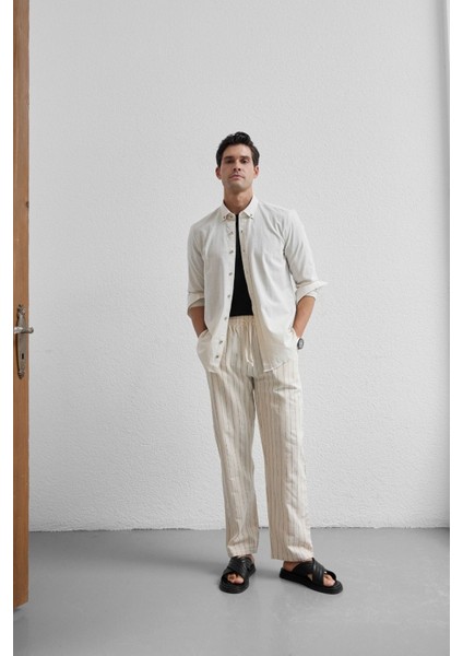 Turi Erkek Pamuk Gömlek Modern Slim Fit Keten Görünümlü Uzun Kol