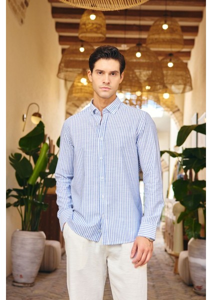 Misato Erkek Gömlek Modern Slim Fit Keten Görünümlü Ince Çizgili Hafif Kumaş