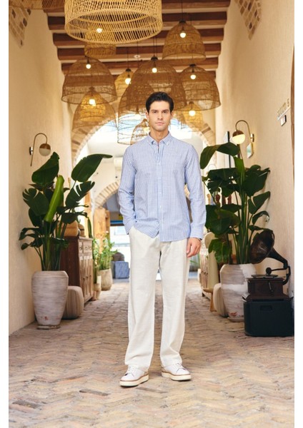 Misato Erkek Gömlek Modern Slim Fit Keten Görünümlü Ince Çizgili Hafif Kumaş fiyatları