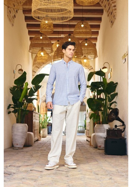 Misato Erkek Gömlek Modern Slim Fit Keten Görünümlü Ince Çizgili Hafif Kumaş modelleri