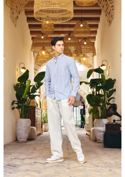 Misato Erkek Gömlek Modern Slim Fit Keten Görünümlü Ince Çizgili Hafif Kumaş fırsatları