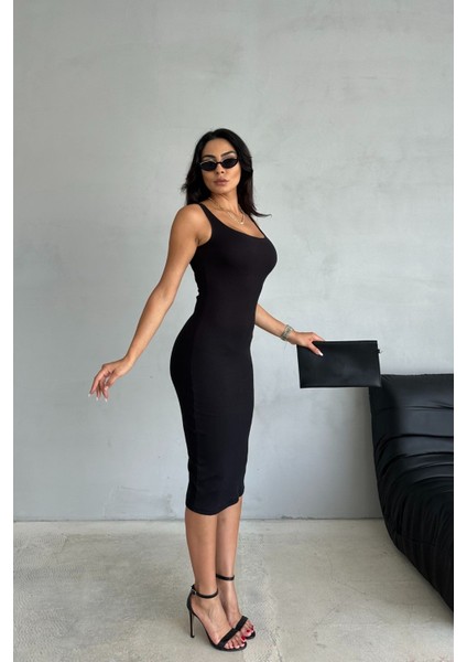 Vücuda Oturan Kalın Askılı Kolsuz Havuz Yaka Esnek Midi Elbise indirimleri