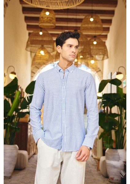 Misato Erkek Gömlek Modern Slim Fit Keten Görünümlü Ince Çizgili Hafif Kumaş indirimleri