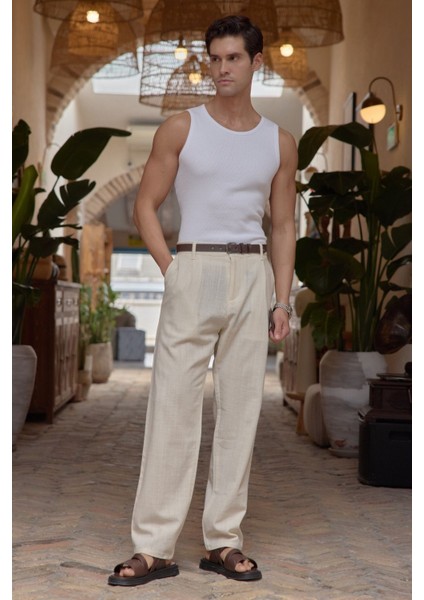Dulan Erkek Baggy Fit Pantolon Keten Görünümlü %100 Pamuk Lastikli Bel fırsatları
