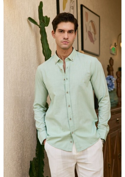 Turi Erkek Pamuk Gömlek Modern Slim Fit Keten Görünümlü Uzun Kol