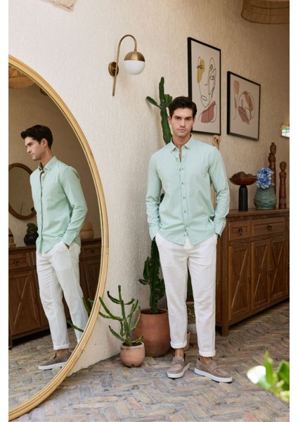 Turi Erkek Pamuk Gömlek Modern Slim Fit Keten Görünümlü Uzun Kol fiyatları