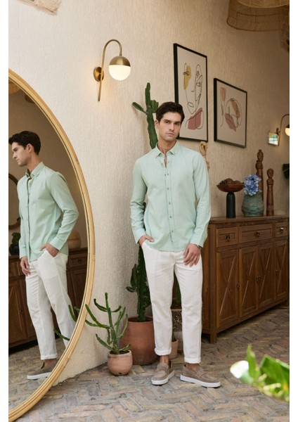 Turi Erkek Pamuk Gömlek Modern Slim Fit Keten Görünümlü Uzun Kol modelleri