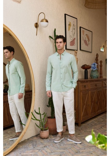 Turi Erkek Pamuk Gömlek Modern Slim Fit Keten Görünümlü Uzun Kol fırsatları