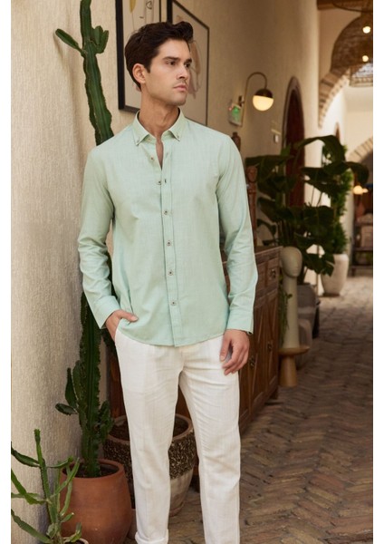 Turi Erkek Pamuk Gömlek Modern Slim Fit Keten Görünümlü Uzun Kol indirimleri