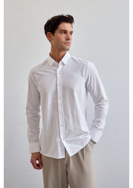 Turi Erkek Pamuk Gömlek Modern Slim Fit Keten Görünümlü Uzun Kol
