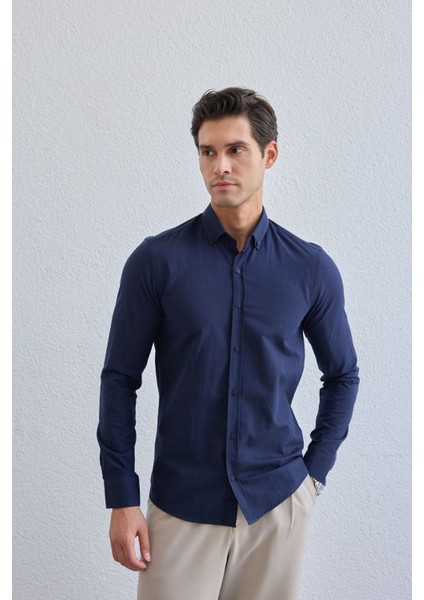 Turi Erkek Pamuk Gömlek Modern Slim Fit Keten Görünümlü Uzun Kol