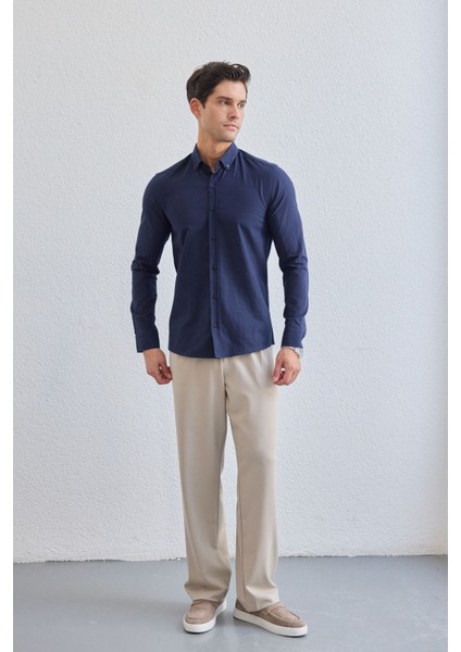 Turi Erkek Pamuk Gömlek Modern Slim Fit Keten Görünümlü Uzun Kol fiyatları