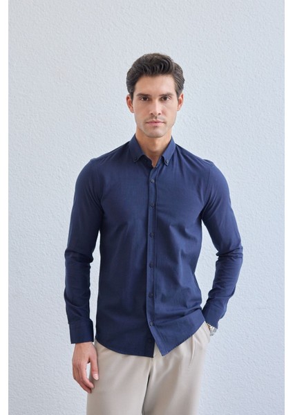 Turi Erkek Pamuk Gömlek Modern Slim Fit Keten Görünümlü Uzun Kol fırsatları