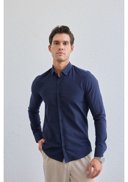 Turi Erkek Pamuk Gömlek Modern Slim Fit Keten Görünümlü Uzun Kol indirimleri