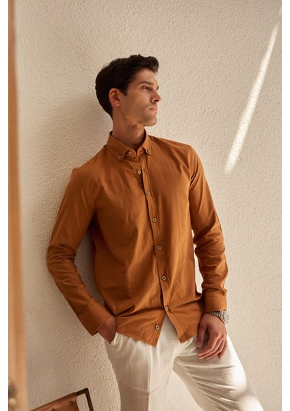 Turi Erkek Pamuk Gömlek Modern Slim Fit Keten Görünümlü Uzun Kol