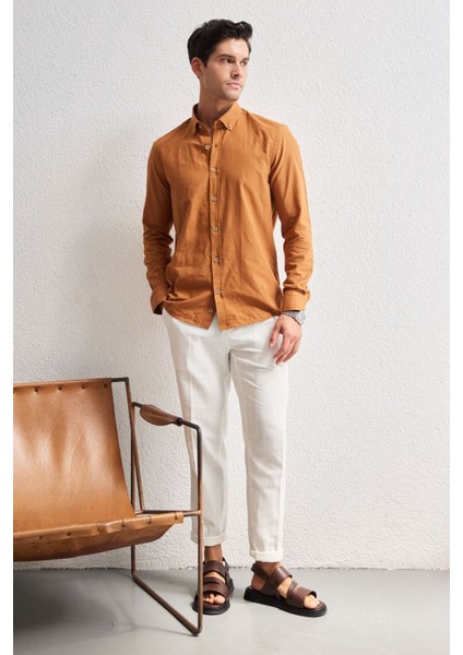 Turi Erkek Pamuk Gömlek Modern Slim Fit Keten Görünümlü Uzun Kol fiyatları