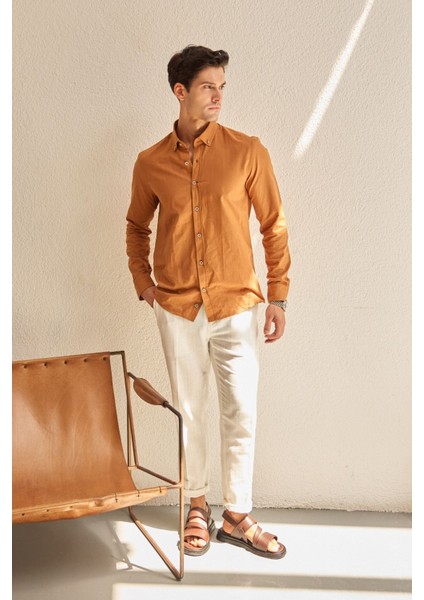 Turi Erkek Pamuk Gömlek Modern Slim Fit Keten Görünümlü Uzun Kol modelleri