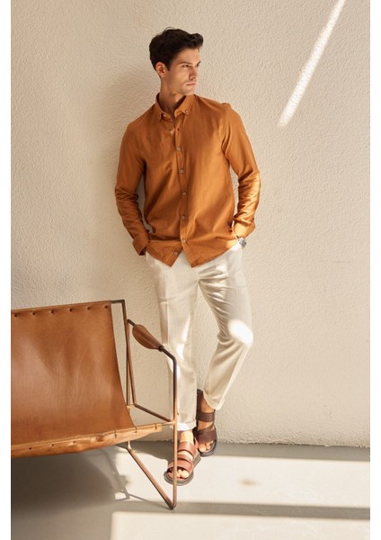 Turi Erkek Pamuk Gömlek Modern Slim Fit Keten Görünümlü Uzun Kol fırsatları