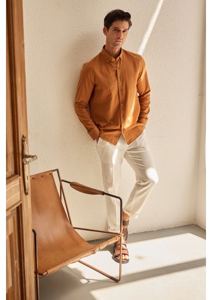 Turi Erkek Pamuk Gömlek Modern Slim Fit Keten Görünümlü Uzun Kol indirimleri