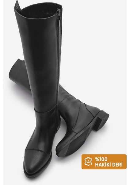 Kadın Hakiki Deri Günlük Çizme Dizaltı Fermuarlı Klasik Çizme Anis Siyah