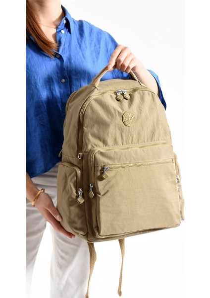 Bolsas 1094 Su Geçirmez Ithal Krinkıl Kumaş Laptop Bölmeli Okul ve Günlük Sırt Çantası Kum