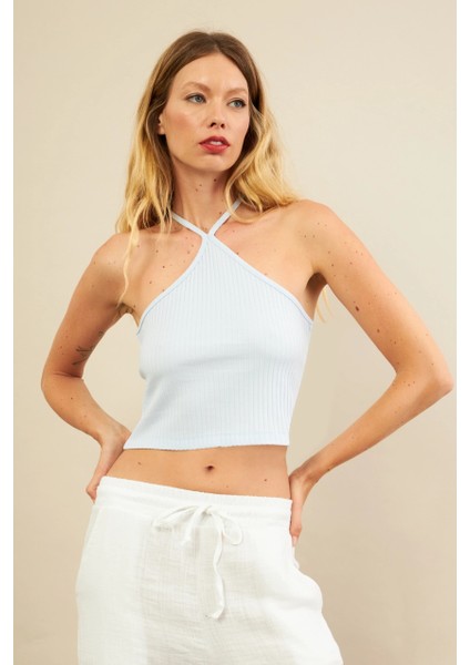 Kadın Mavi Boncuk Detaylı Sırtı Açık Bluz LPP1245-90