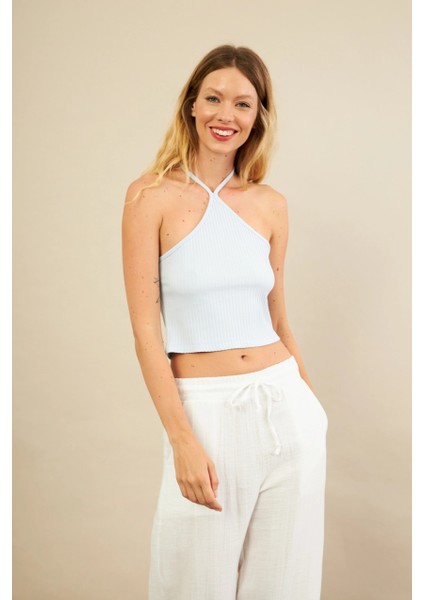 Kadın Mavi Boncuk Detaylı Sırtı Açık Bluz LPP1245-90 fiyatları