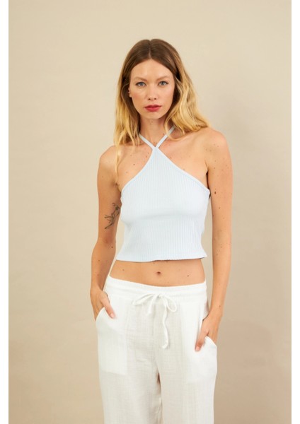 Kadın Mavi Boncuk Detaylı Sırtı Açık Bluz LPP1245-90 modelleri